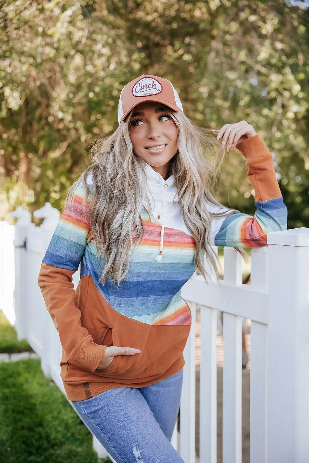 Brown Striped Colorblock Pocketed Hoodie