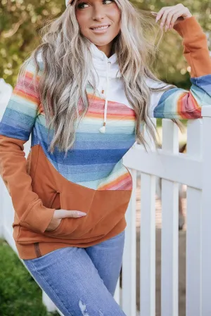 Brown Striped Colorblock Pocketed Hoodie