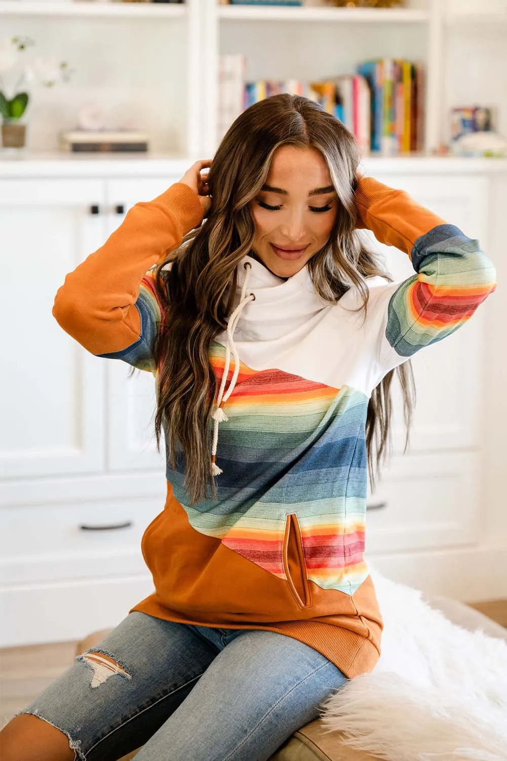 Brown Striped Colorblock Pocketed Hoodie