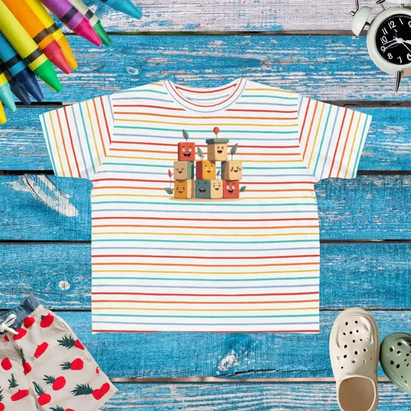 Building Blocks Tee with Playful Cartoon Faces