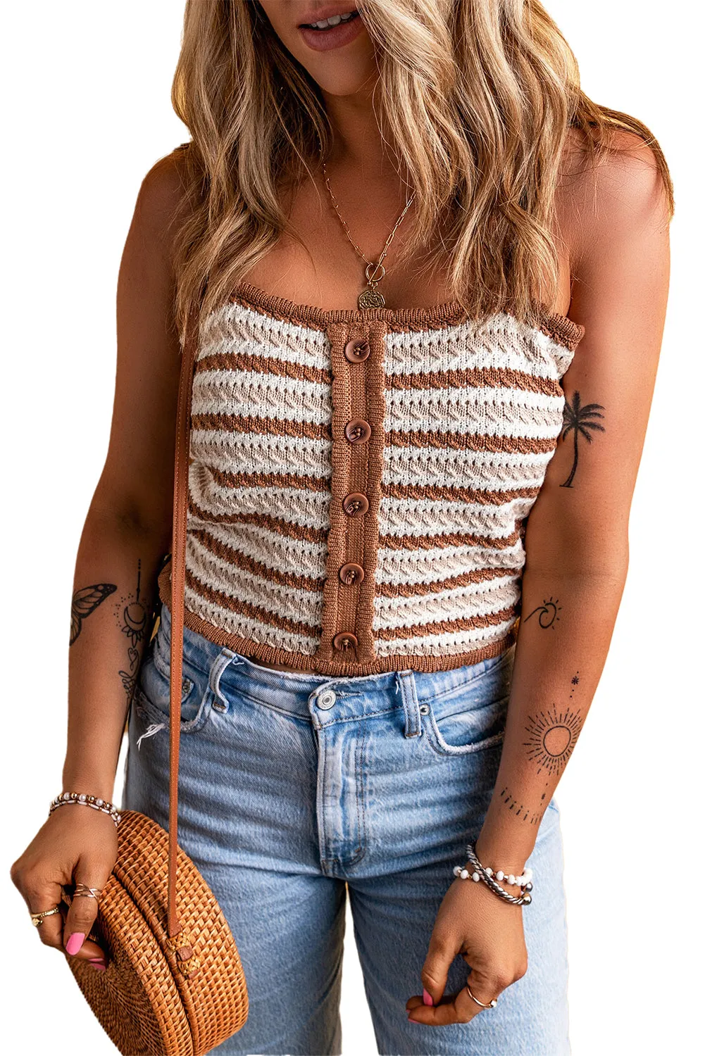 Chestnut Striped Buttoned Cropped Knitted Vest