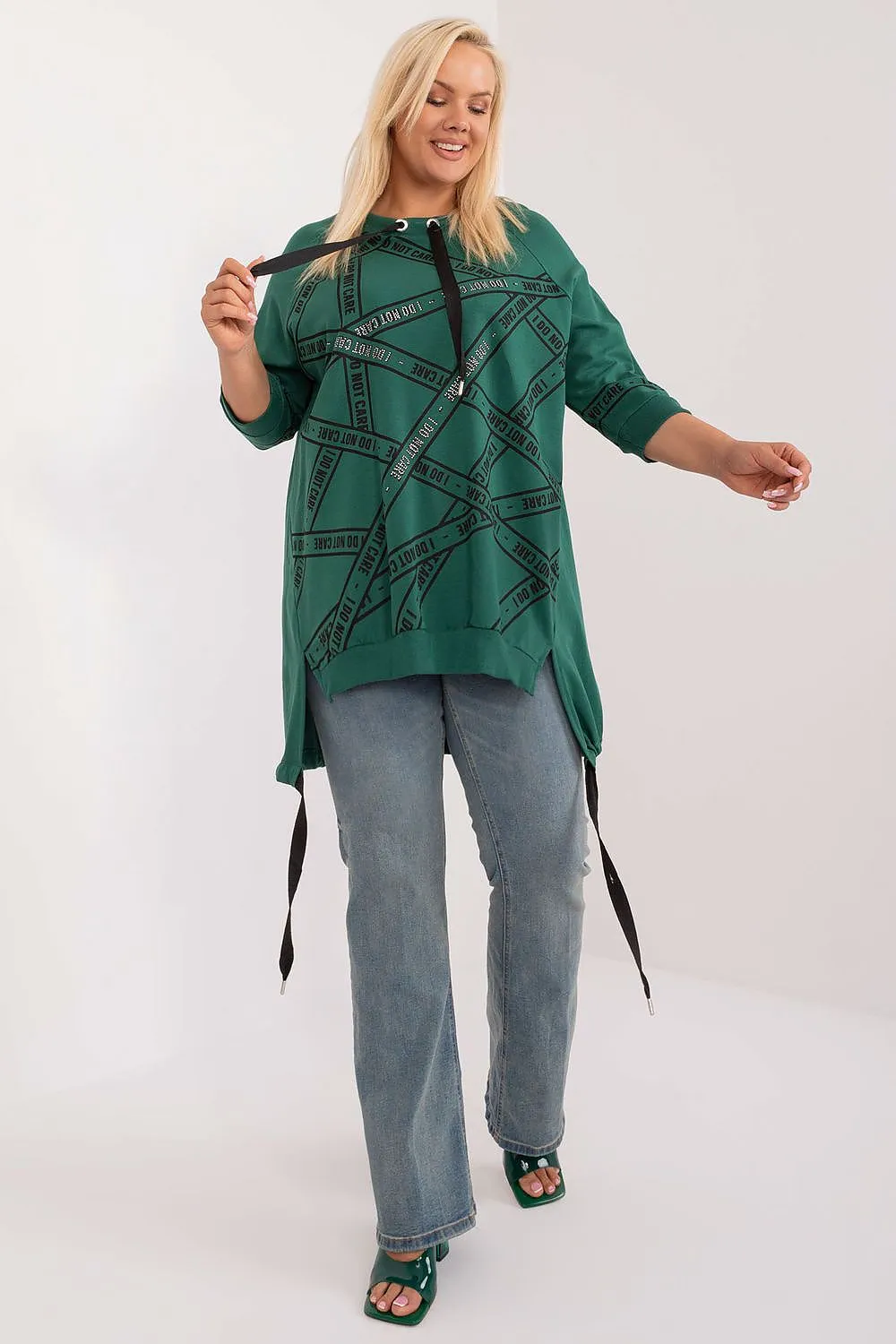 Chic Asymmetrical Plus Size Blouse – Rhinestone Detail, 3/4 Sleeves & Effortless Elegance