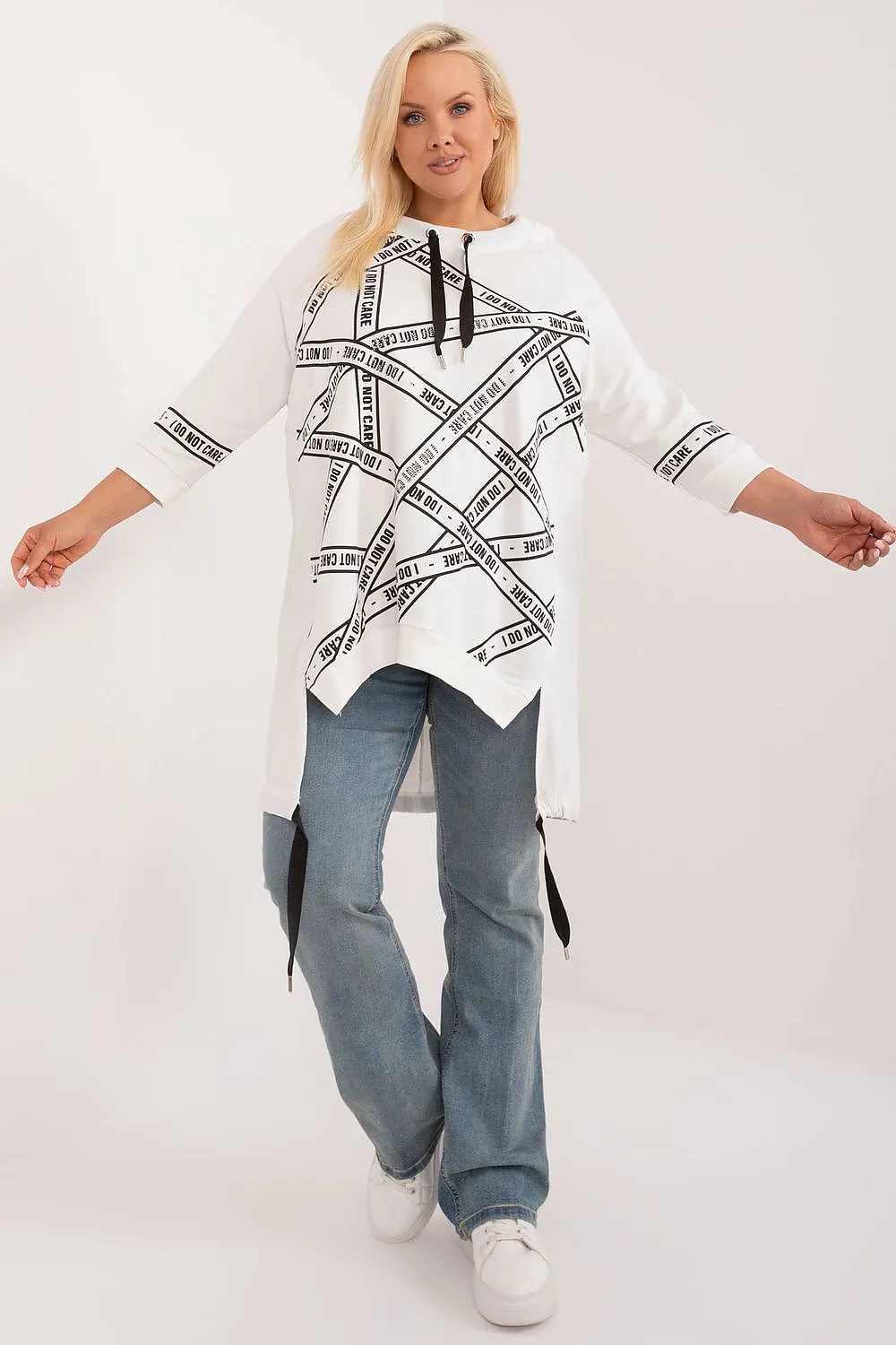 Chic Asymmetrical Plus Size Blouse – Rhinestone Detail, 3/4 Sleeves & Effortless Elegance
