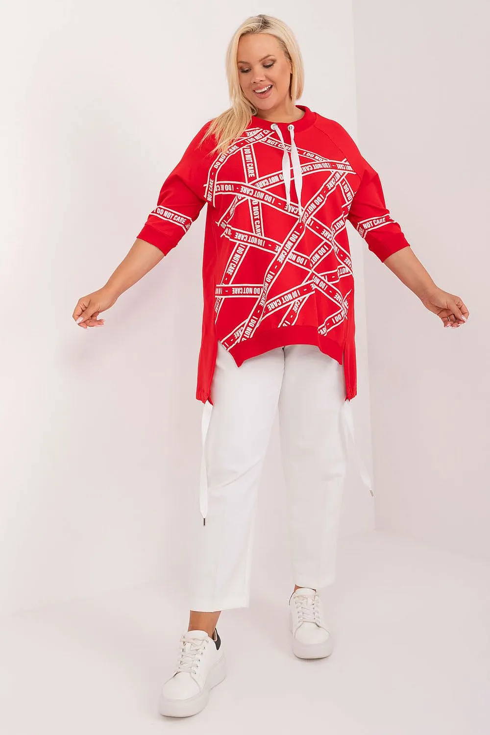 Chic Asymmetrical Plus Size Blouse – Rhinestone Detail, 3/4 Sleeves & Effortless Elegance