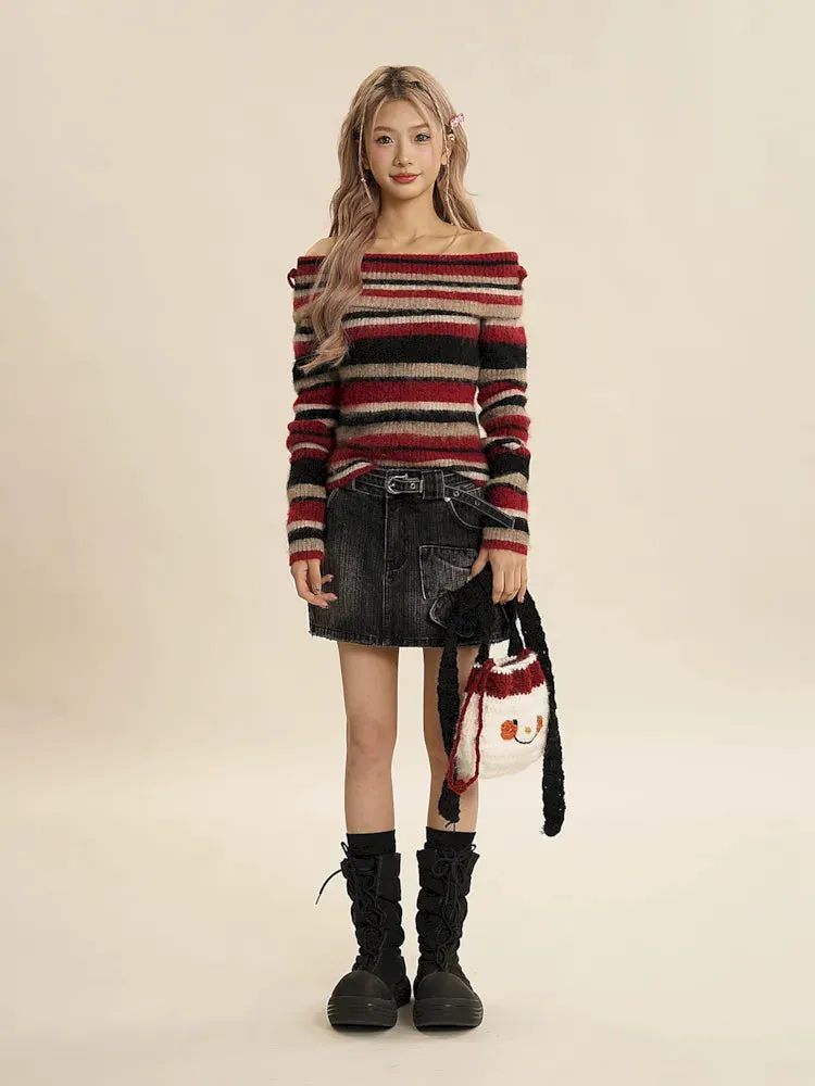 Chic One Shoulder Striped Sweater