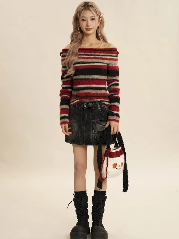 Chic One Shoulder Striped Sweater