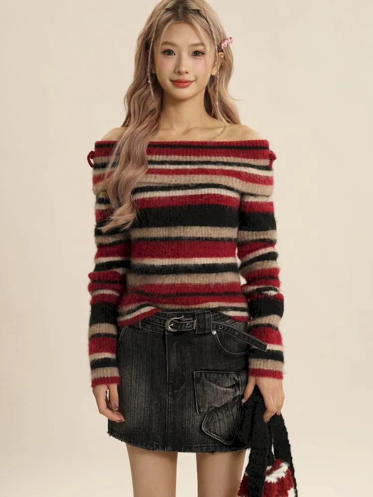 Chic One Shoulder Striped Sweater