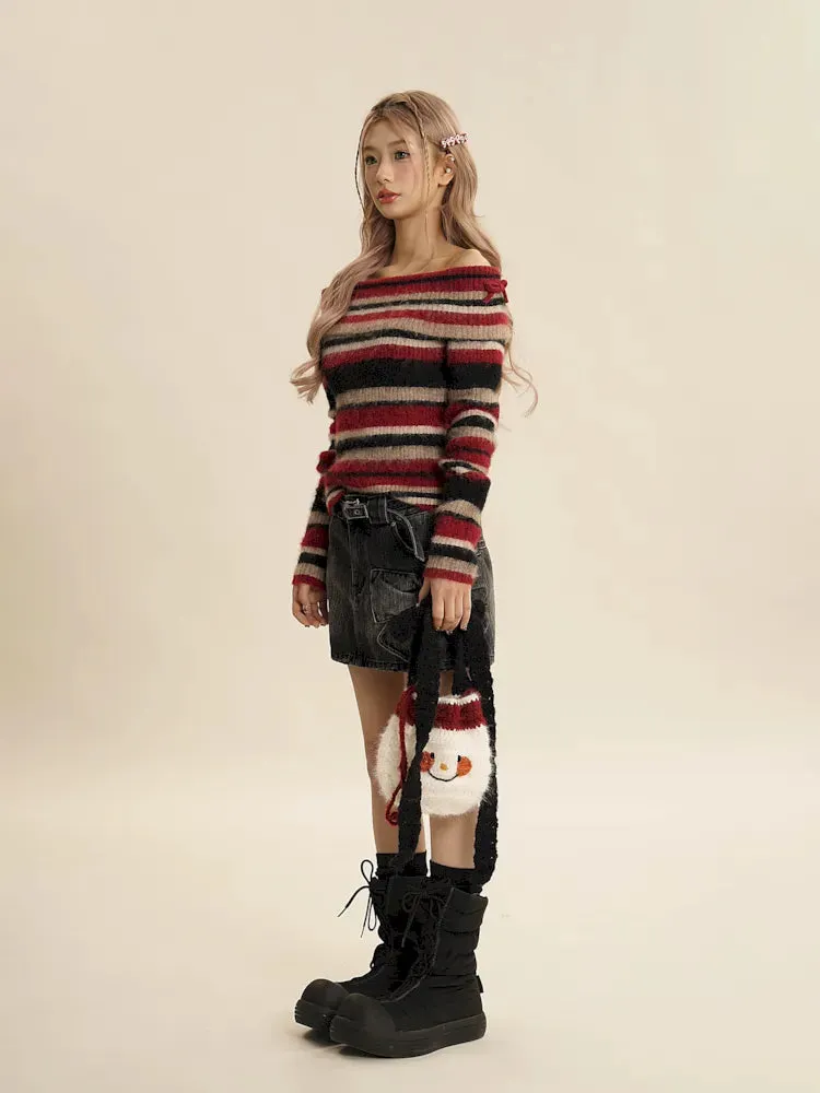 Chic One Shoulder Striped Sweater
