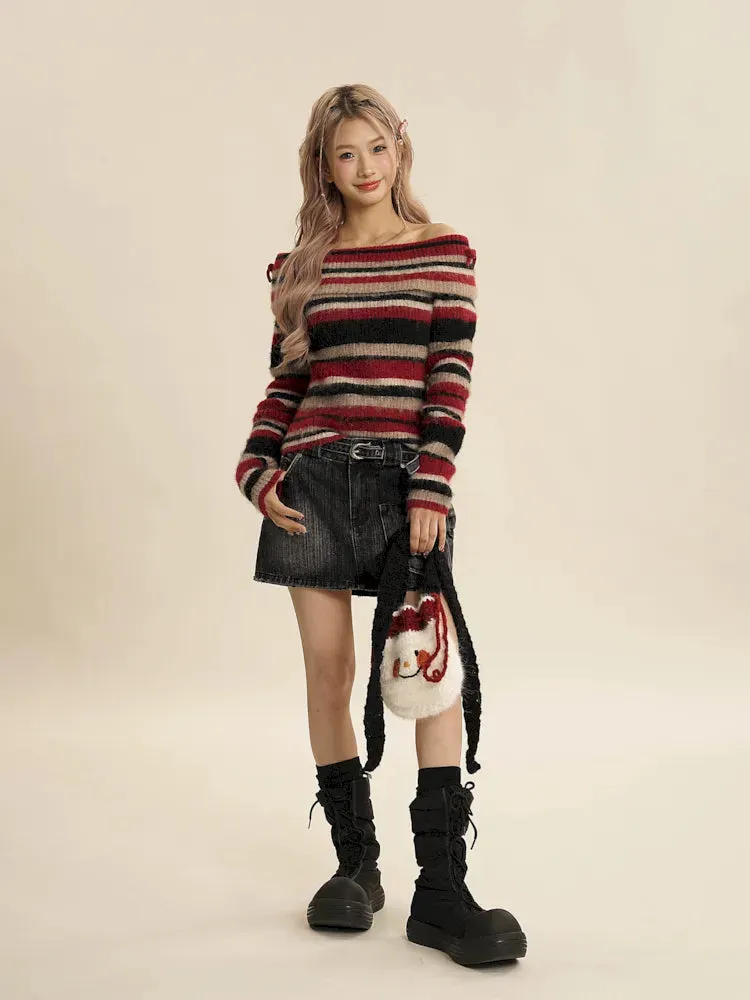 Chic One Shoulder Striped Sweater