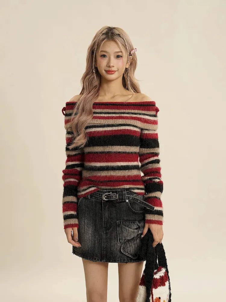 Chic One Shoulder Striped Sweater
