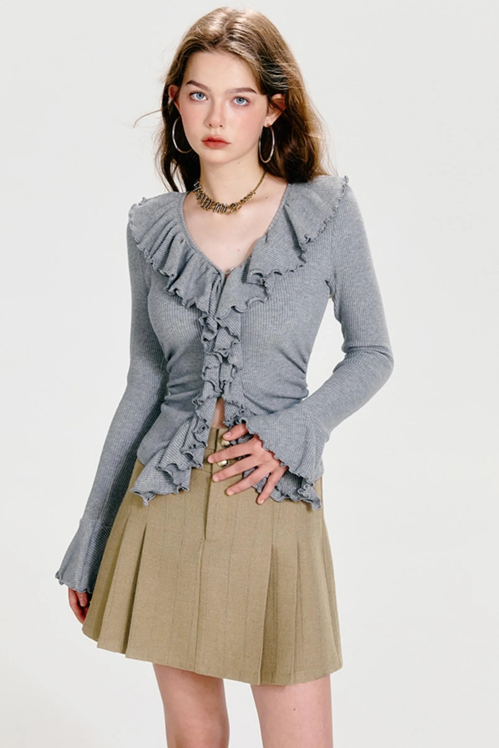 Chic V-Neck Ruffled Cardigan