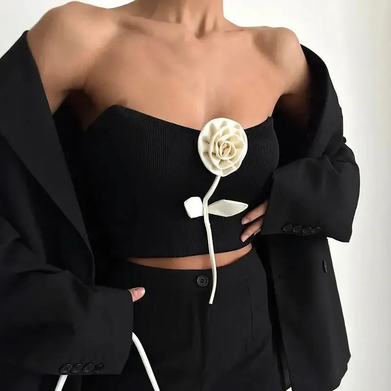 Chic Y2K Jacket with Elegant White Rose Embellishment