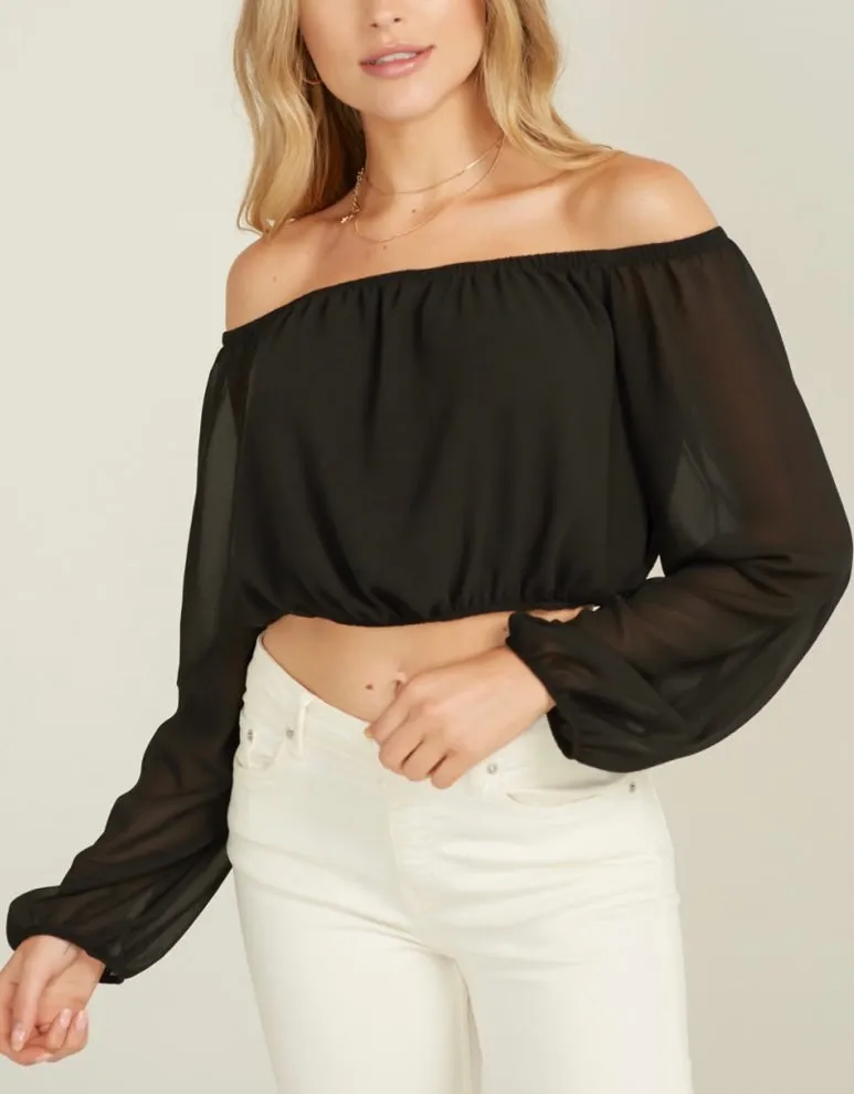 Chiffon Long Sleeve Off the Shoulder Crop Top