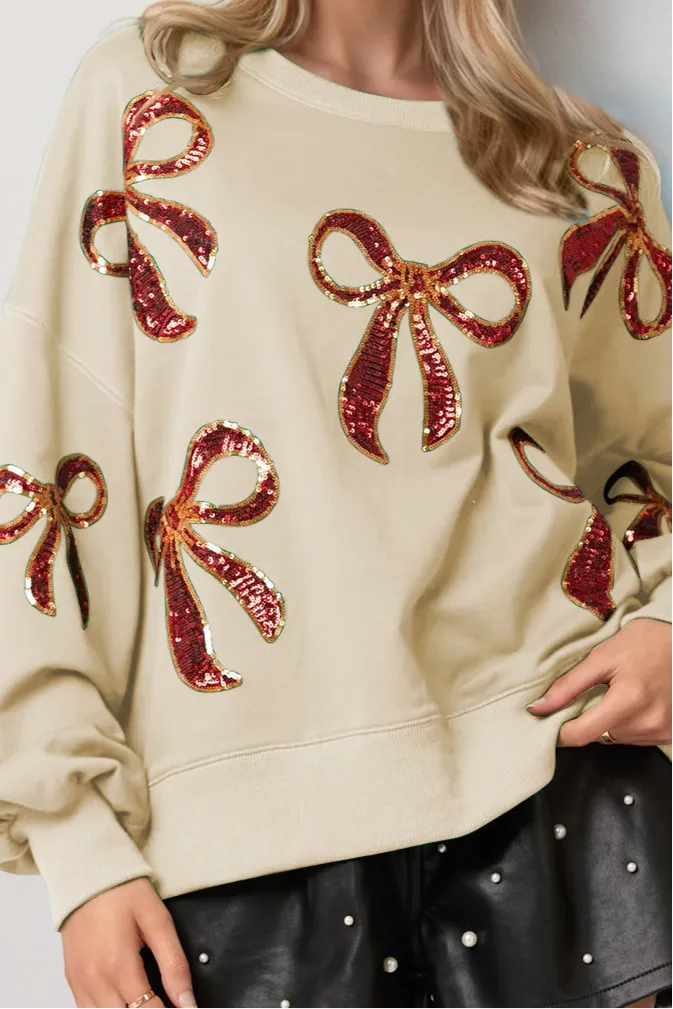 Christmas Bow Sequin Round Neck Dropped Shoulder Sweatshirt
