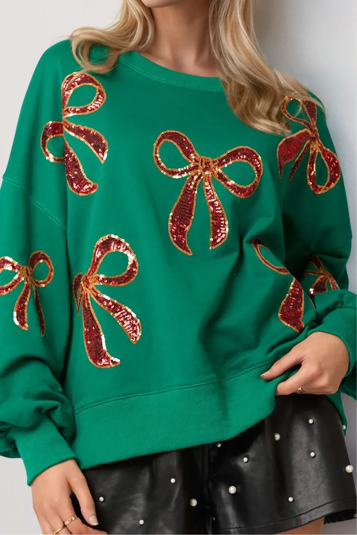 Christmas Bow Sequin Round Neck Dropped Shoulder Sweatshirt