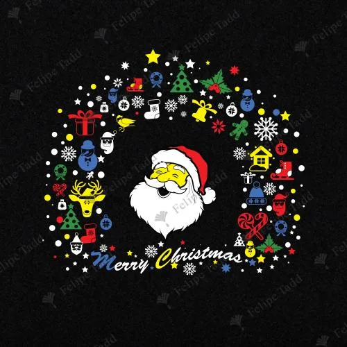 Christmas T-Shirt with Santa and Gift Icons - Black