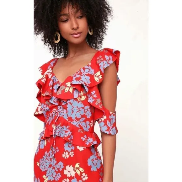 C/MEO Collective Floral Cold Shoulder Ruffle Mini Dress Red Size S