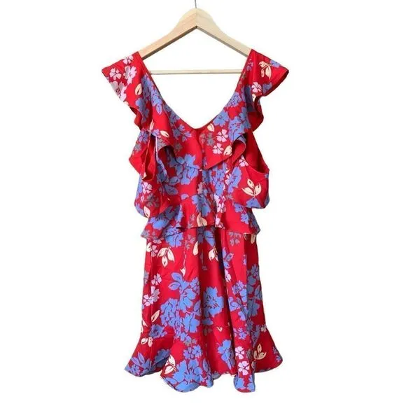 C/MEO Collective Floral Cold Shoulder Ruffle Mini Dress Red Size S