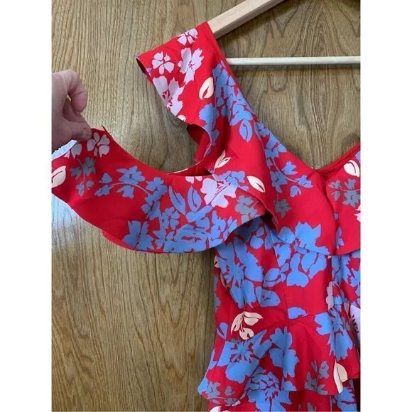 C/MEO Collective Floral Cold Shoulder Ruffle Mini Dress Red Size S