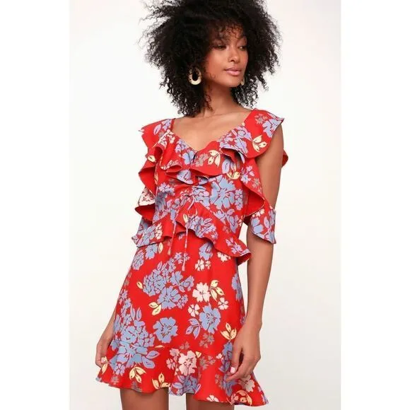 C/MEO Collective Floral Cold Shoulder Ruffle Mini Dress Red Size S