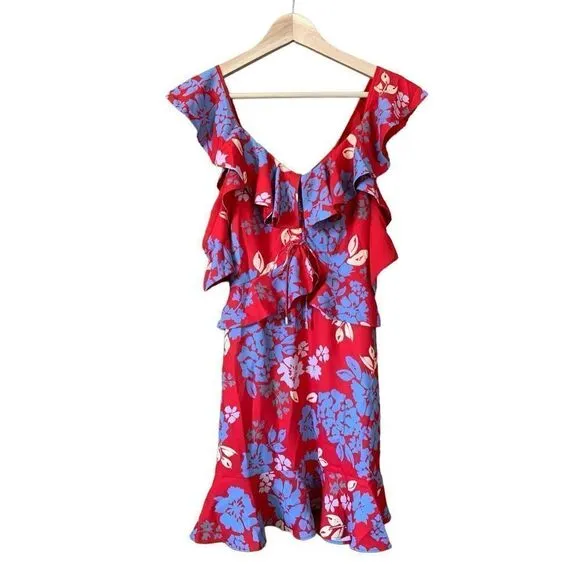 C/MEO Collective Floral Cold Shoulder Ruffle Mini Dress Red Size S