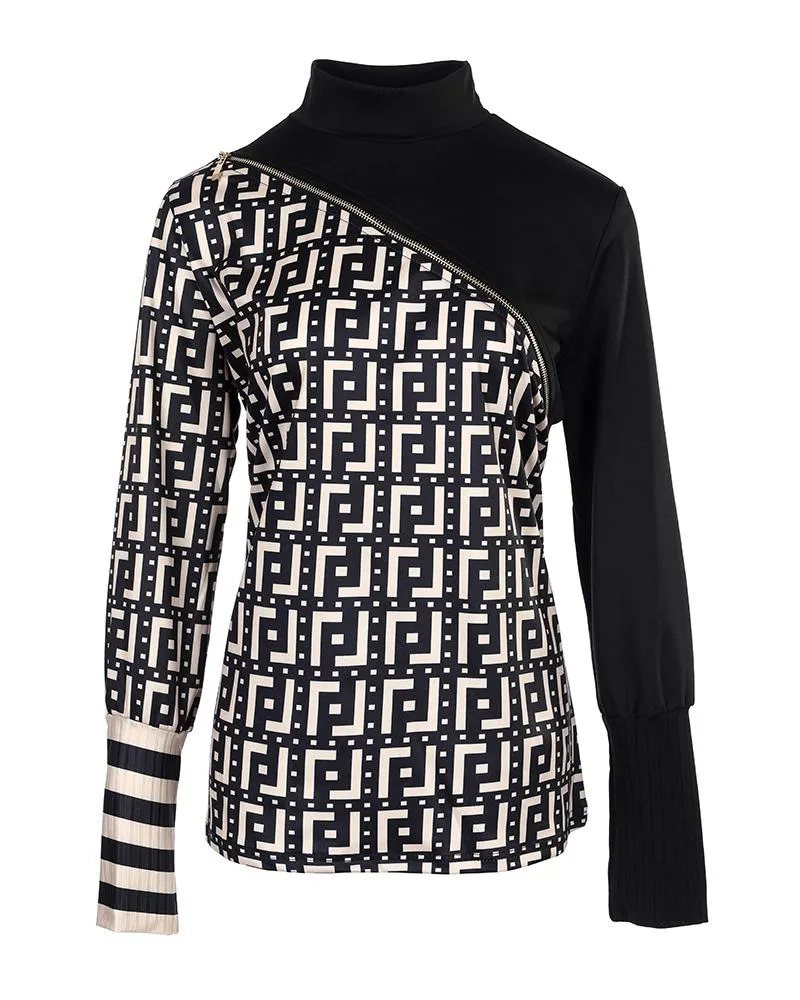 Colorblock Striped Geometric Print Zip Front Long Sleeve Top