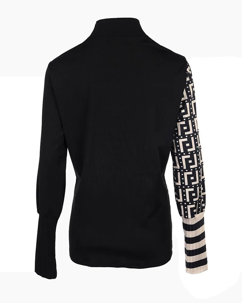 Colorblock Striped Geometric Print Zip Front Long Sleeve Top