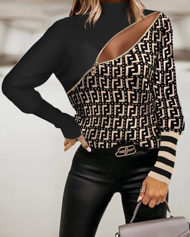 Colorblock Striped Geometric Print Zip Front Long Sleeve Top