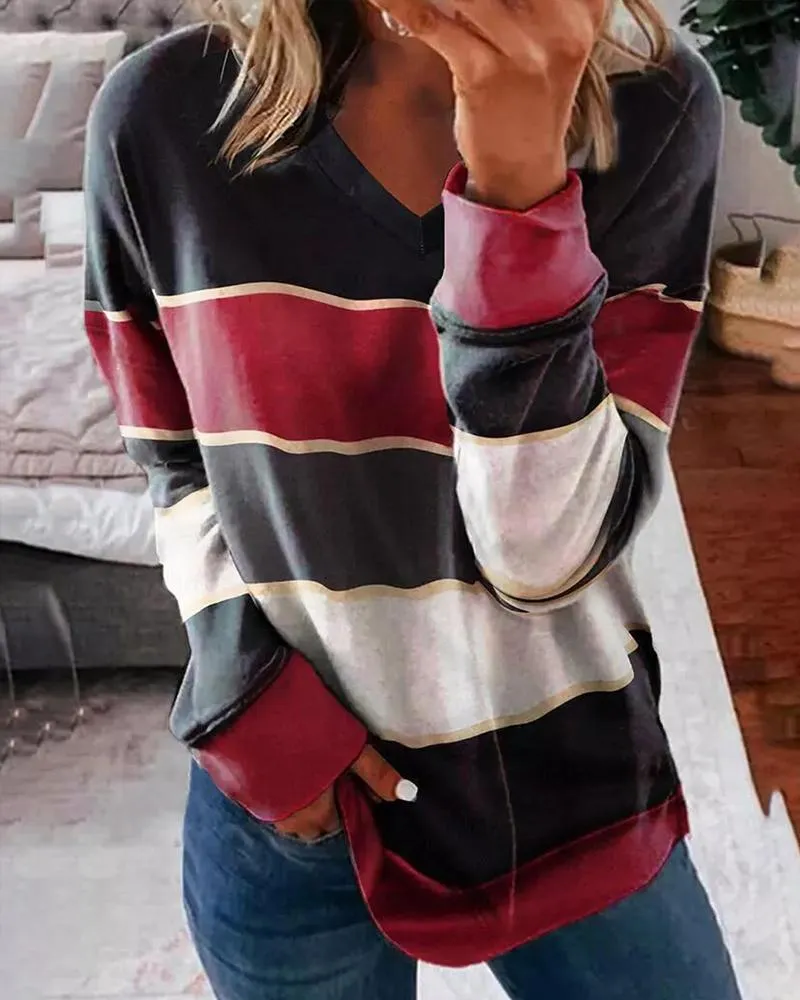 Colorblock Striped Long Sleeve Casual Top