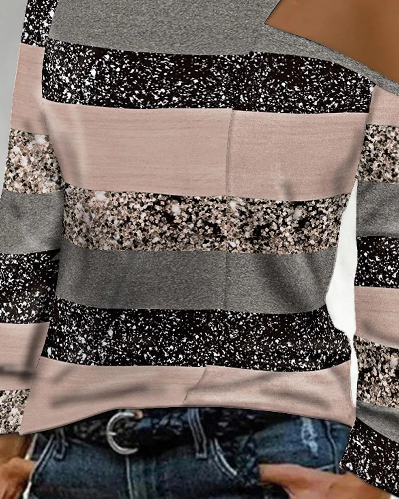 Colorblock Striped Print Cold Shoulder Top