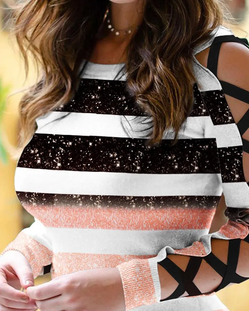 Colorblock Striped Print Crisscross Cold Shoulder Top