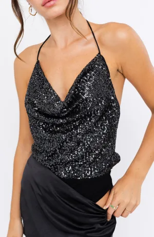 Cowl Neck Sequin Bodysuit