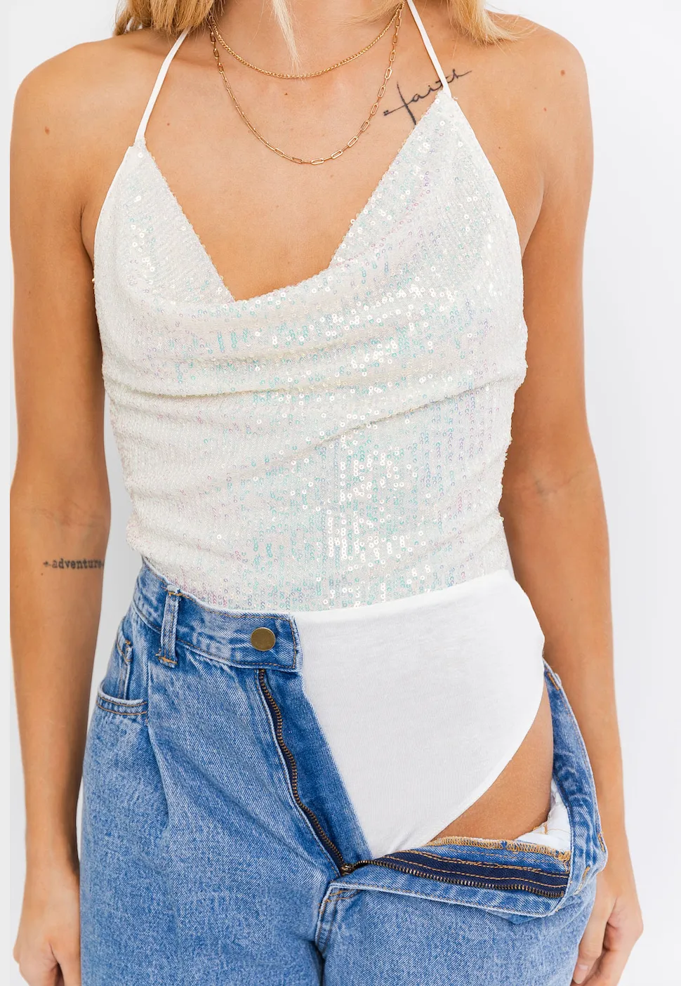Cowl Neck Sequin Bodysuit