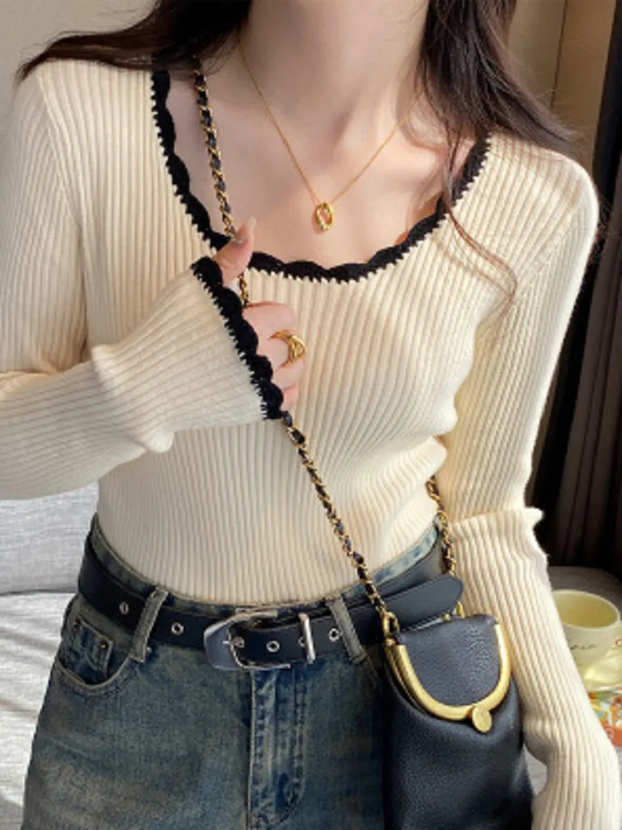 Cream Contrast Scallop Rib Top