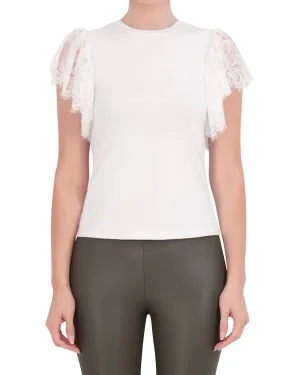Crew Neck Top with Lace Shoulder Detail