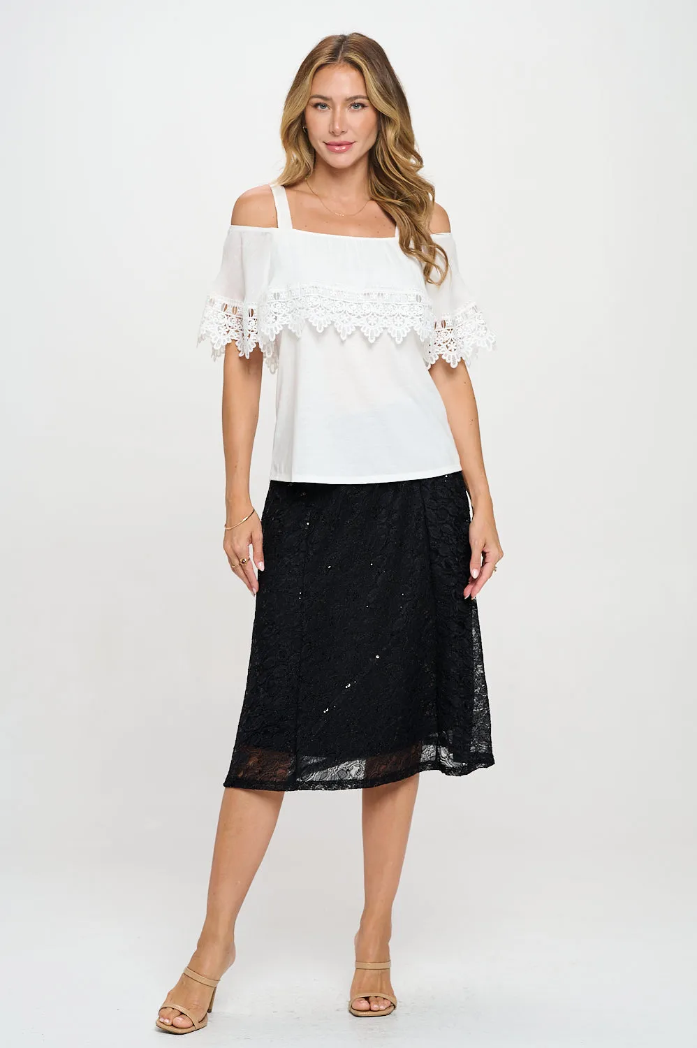 CROCHET TRIM COLD SHOULDER BLOUSE