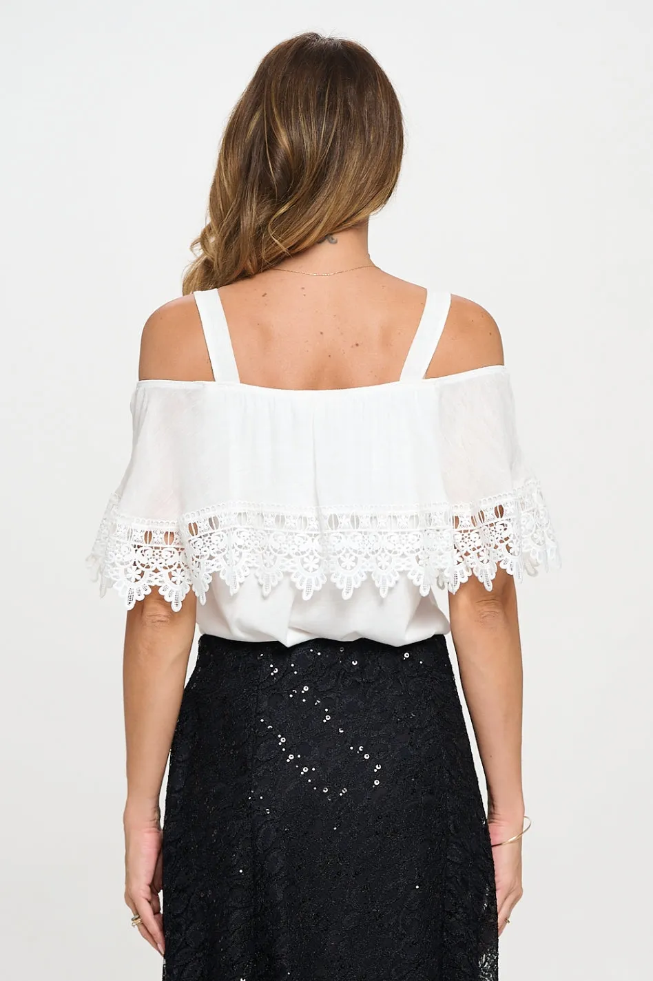 CROCHET TRIM COLD SHOULDER BLOUSE