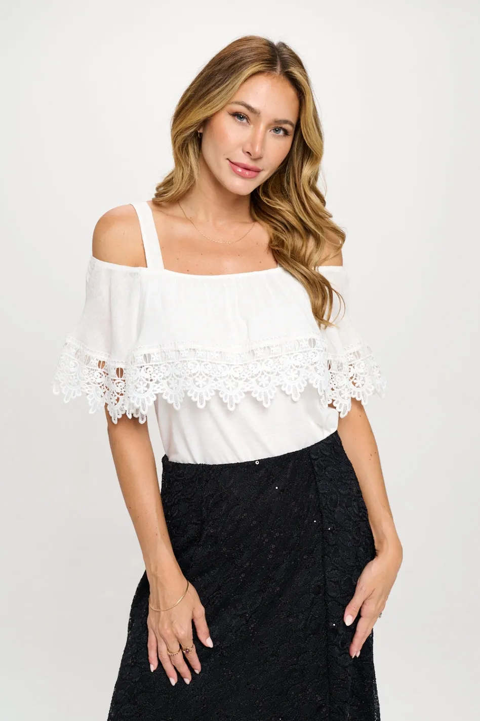CROCHET TRIM COLD SHOULDER BLOUSE