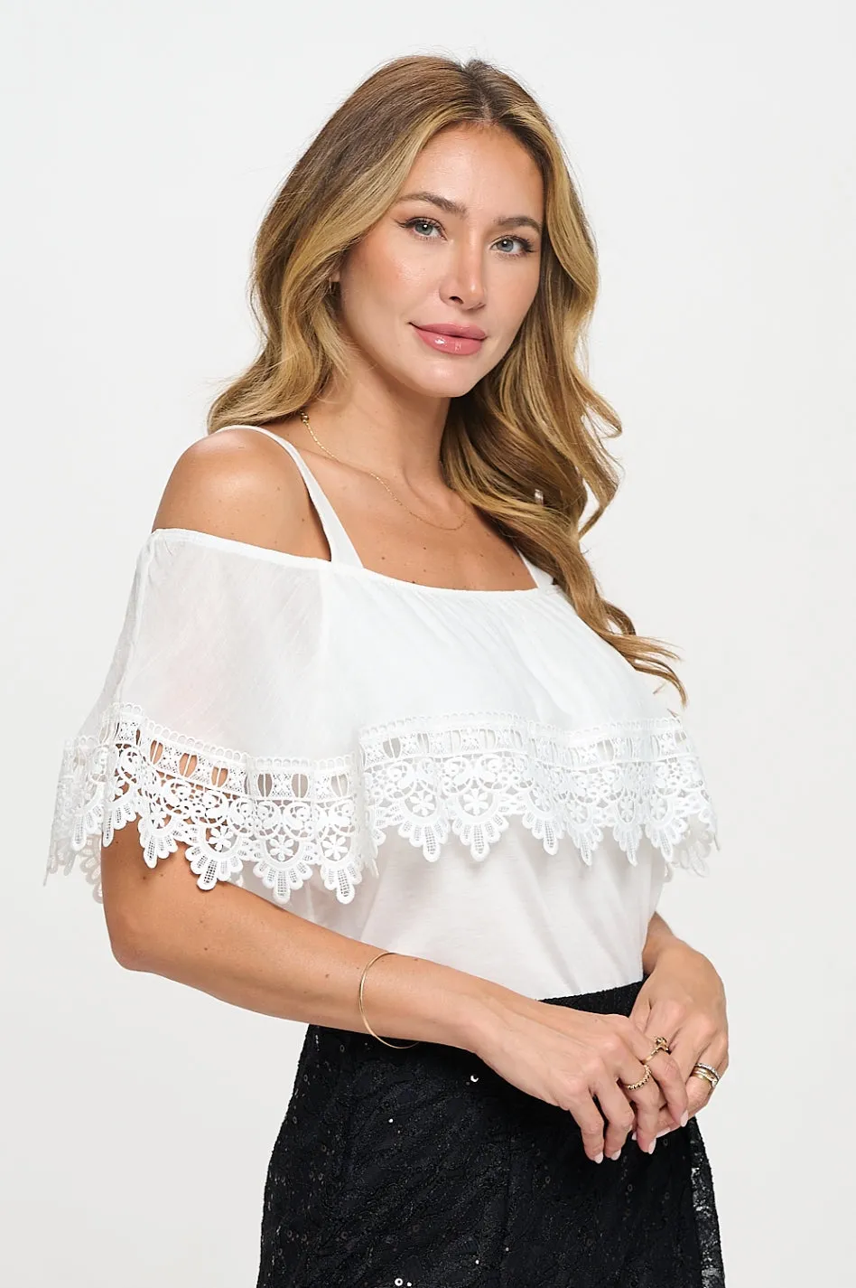 CROCHET TRIM COLD SHOULDER BLOUSE