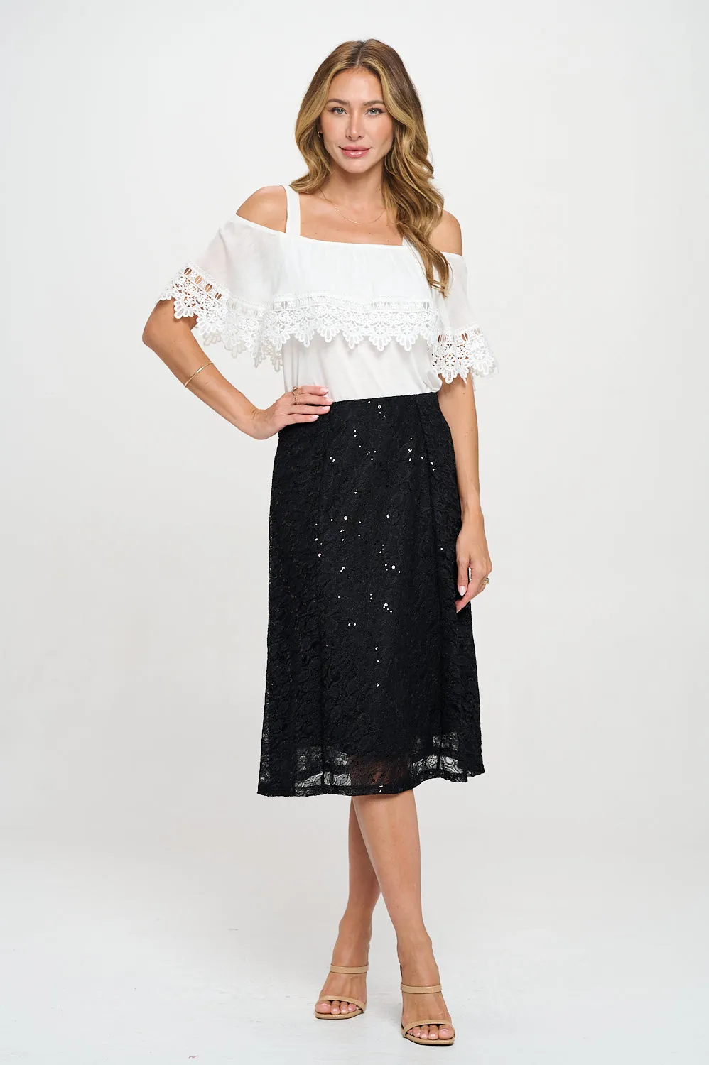 CROCHET TRIM COLD SHOULDER BLOUSE