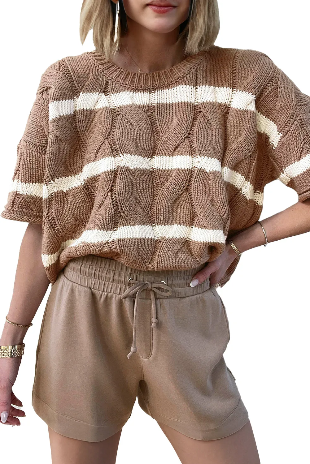 Dark Khaki Striped Cable Short Sleeve Sweater