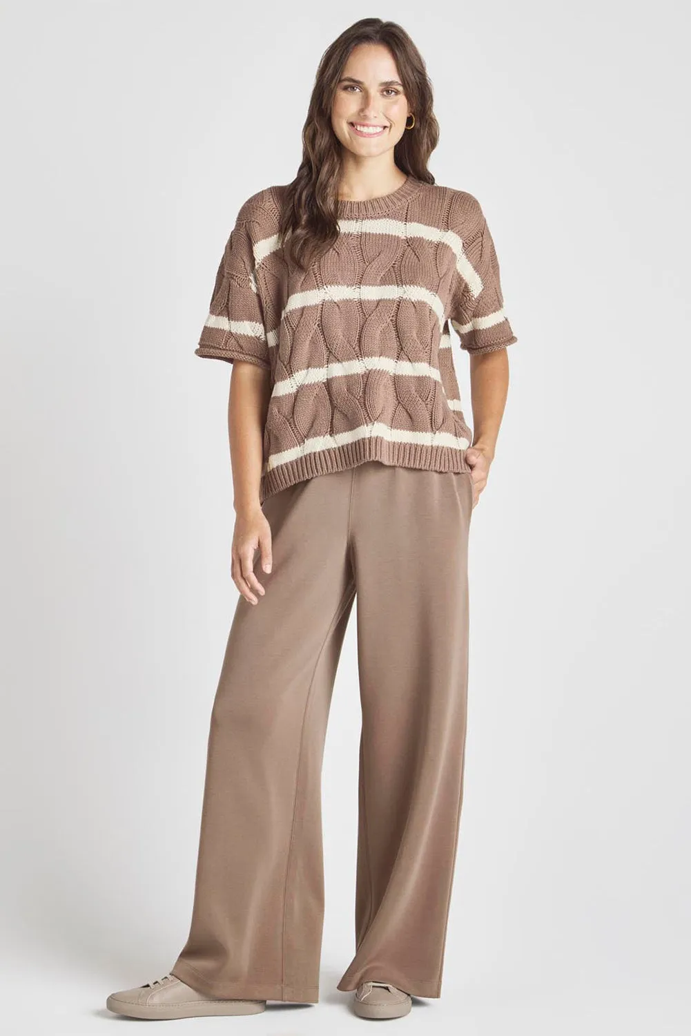 Dark Khaki Striped Cable Short Sleeve Sweater
