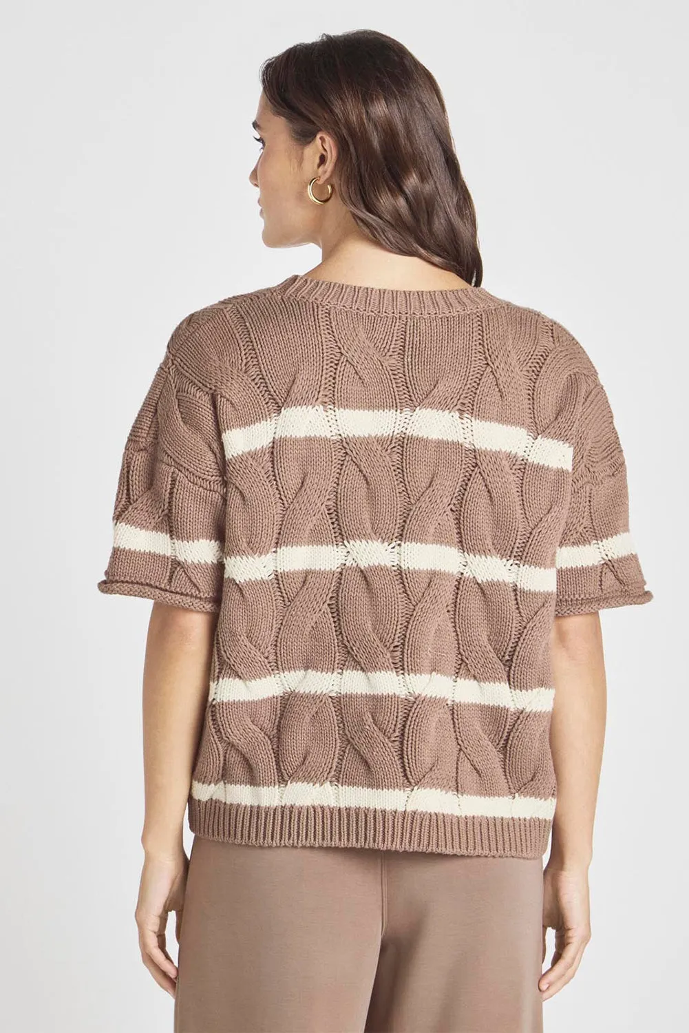 Dark Khaki Striped Cable Short Sleeve Sweater