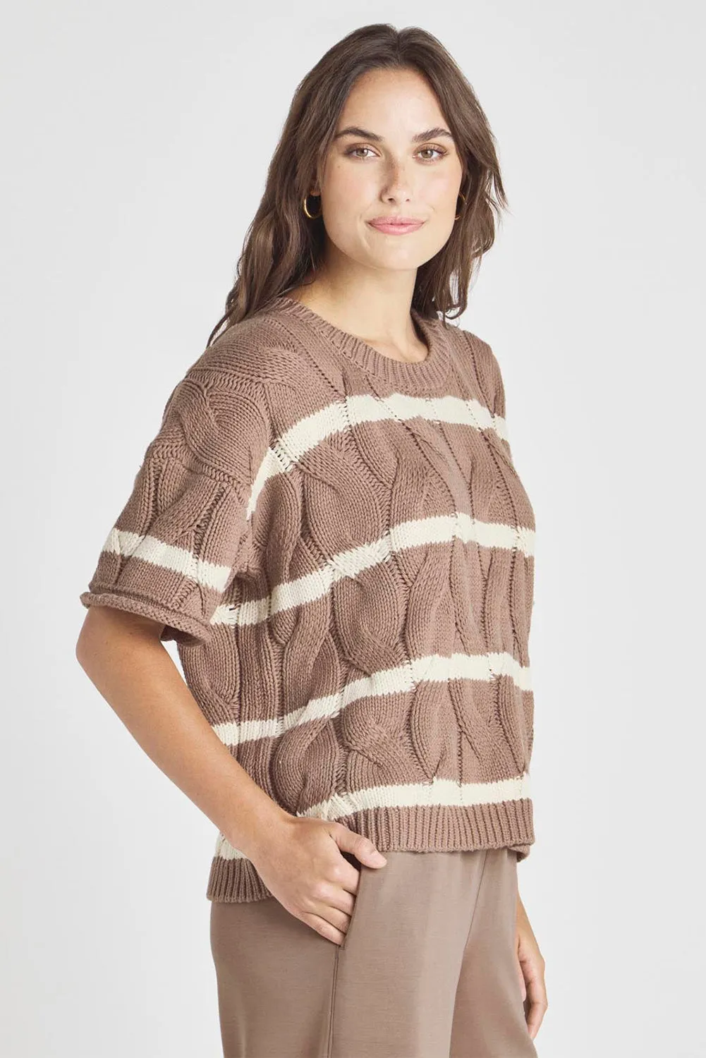 Dark Khaki Striped Cable Short Sleeve Sweater