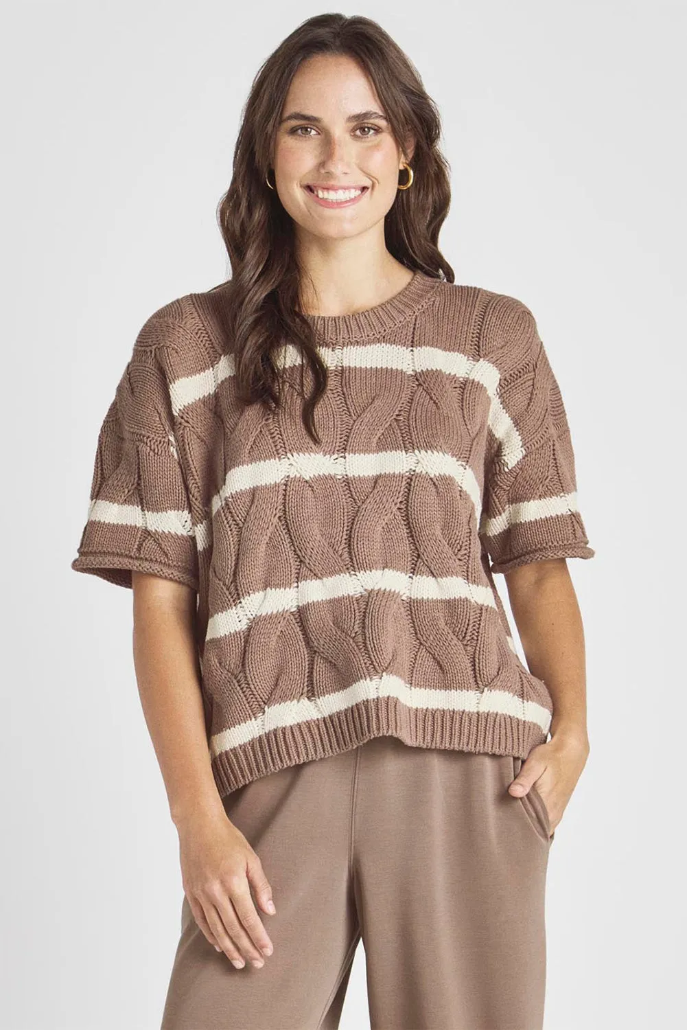 Dark Khaki Striped Cable Short Sleeve Sweater