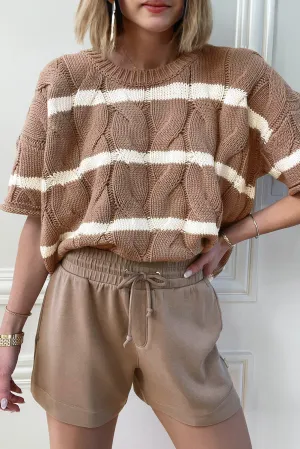 Dark Khaki Striped Cable Short Sleeve Sweater