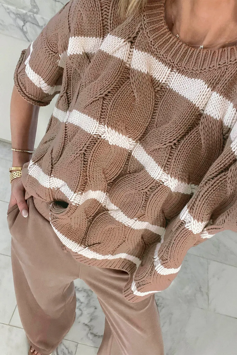 Dark Khaki Striped Cable Short Sleeve Sweater