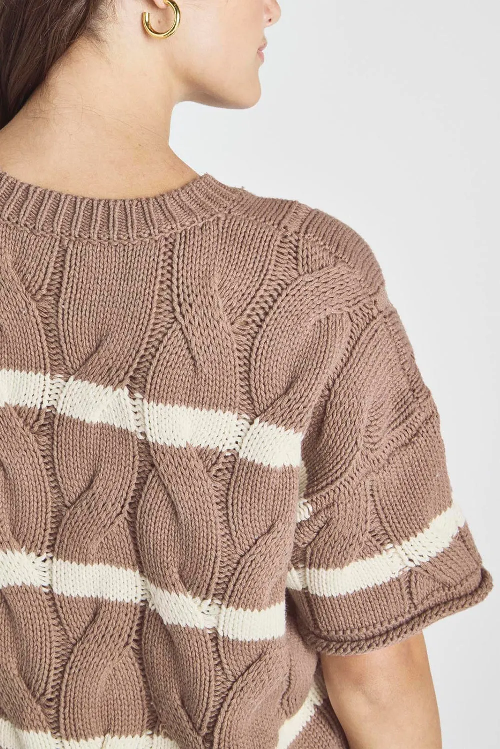 Dark Khaki Striped Cable Short Sleeve Sweater