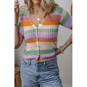 'Davina' Striped Button Down Knit Top