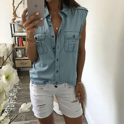 Denim Shirt Women Sleeveless Blouse Turn Down Collar Blouses For Women Blue Tops Womens Shirts Jeans